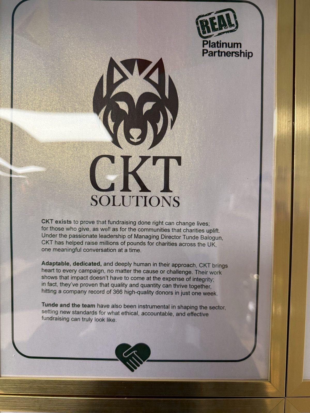 CKT Solutions Platinum Partnership plaque from Real Fundraising, including a company record of 366 high-quality donors signed up in a single week.